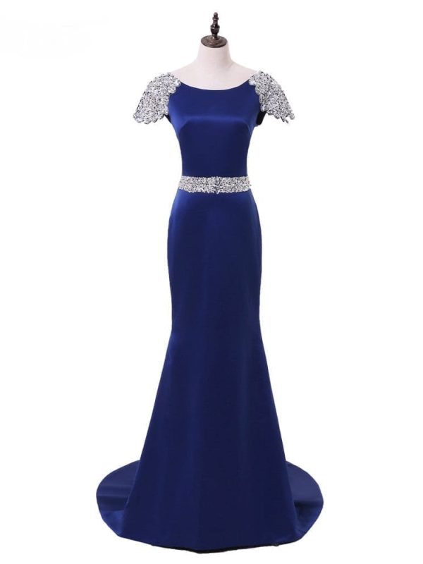 Royal Blue Mermaid Cap Sleeves Crystals Backless Long Evening Dress in Evening Dresses
