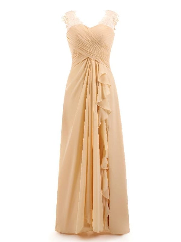 Beige Pleat Lace Floor-Length Bridesmaid Dress in Bridesmaid dresses