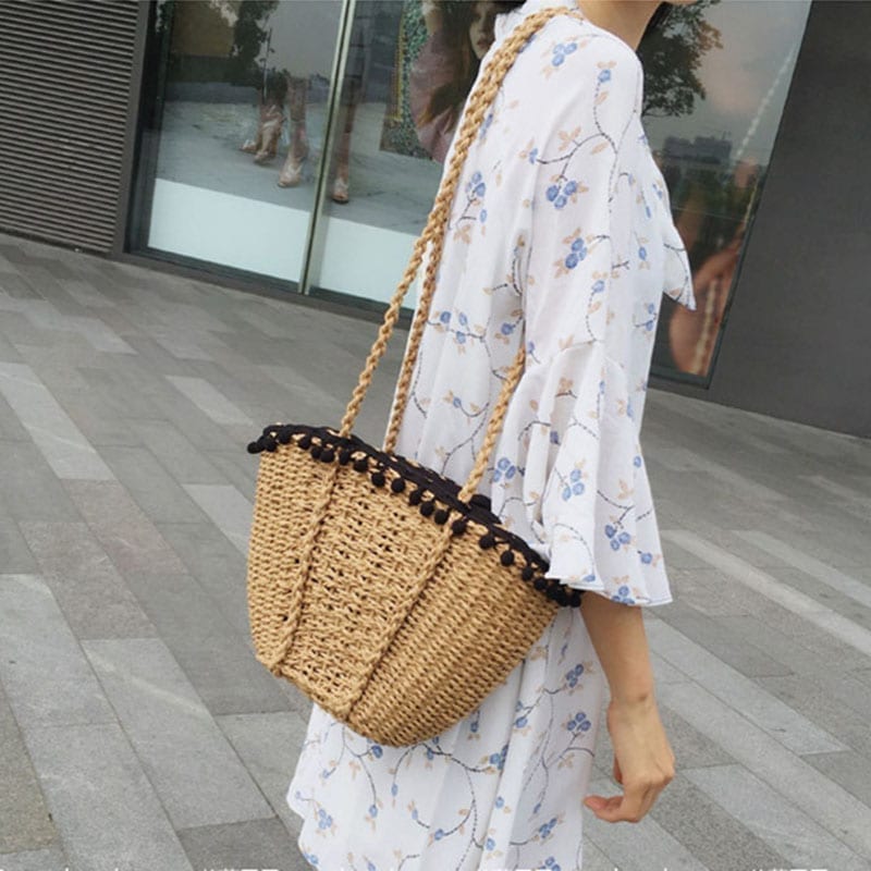 Bohemian Beach Handmade Drawstring Basket Bag in Shoulder Bag