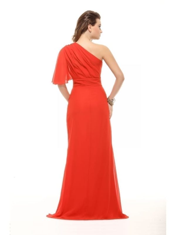 Red One Shoulder Chiffon Floor Length Prom Dress