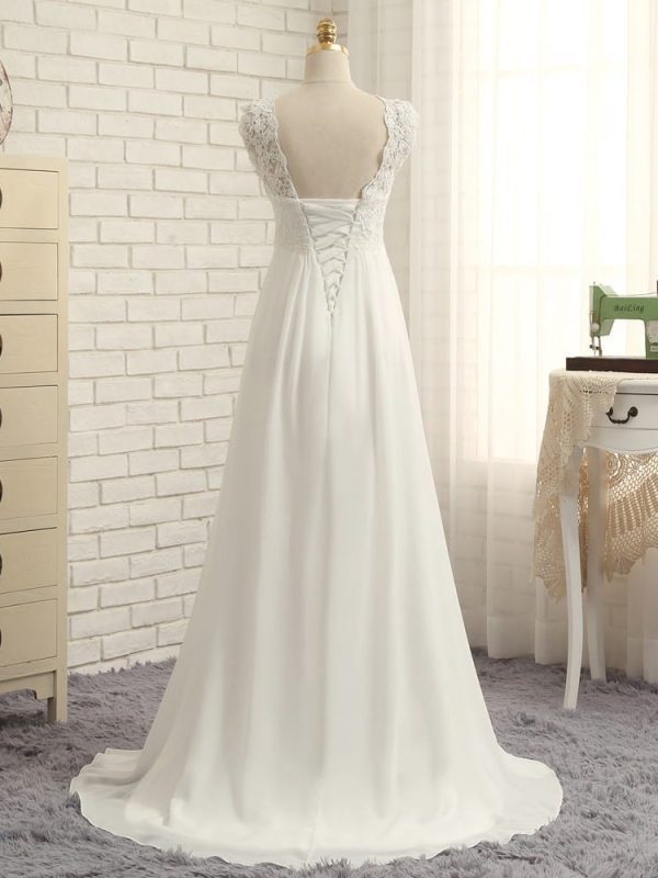 A-Line Cap Sleeves Chiffon Lace Vintage Beach Wedding Dress in Wedding dresses