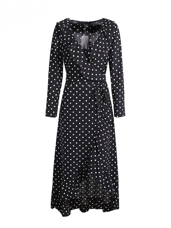 Black Polka Dot Split Long Sleeve Ruffle Wrap Long Dress