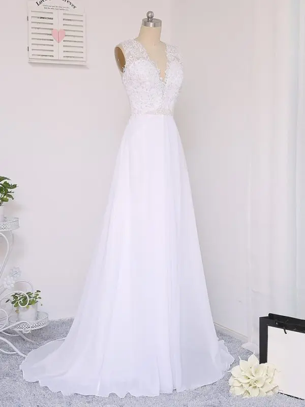 Vintage A-Line Deep V-Neck Beaded Lace Beach Wedding Dress in Wedding dresses