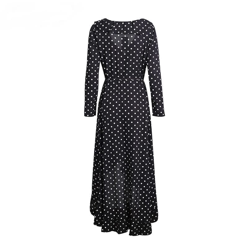 Black Polka Dot Split Long Sleeve Ruffle Wrap Long Dress | Uniqistic.com