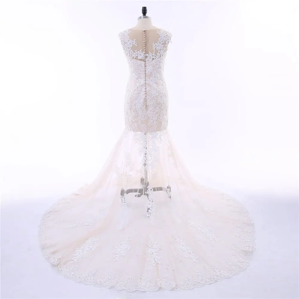 Champagne Cap Sleeves Tulle Applique Lace Detachable Train Mermaid Wedding Dress