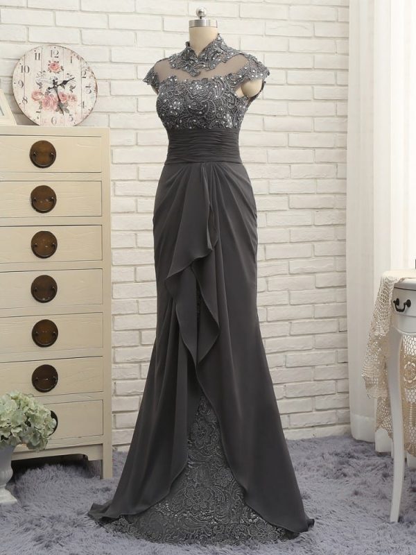Gray Cap Sleeves Lace Beaded Open Back Long Mermaid Mother Of The Bride Dress in Mother of the Bride Dresses