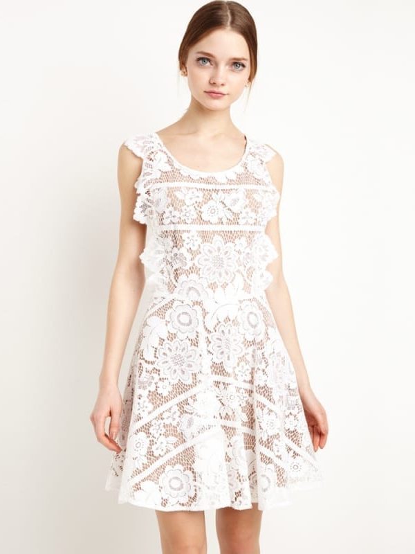 White Backless Criss Cross Lace Crochet Cut Out Elegant Midi Dress in Crochet Lace Dress
