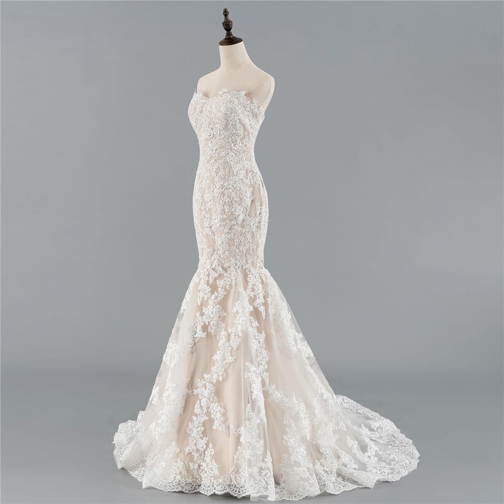Champagne Sweetheart Tulle Lace Applique Mermaid Boho Wedding Dress ...