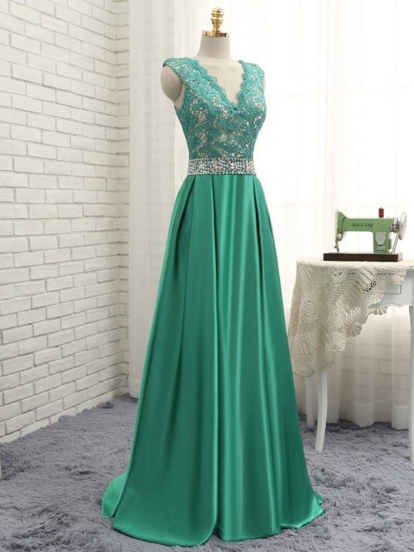Green A-Line V-Neck Cap Sleeves Beaded Lace Long Evening Dress in Evening Dresses