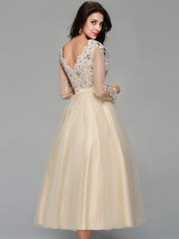 Elegant Champagne Tulle Appliqued Lace Crystal Tea-length Long Sleeve Evening Dress