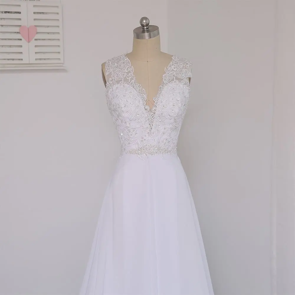 Vintage A-line Deep V-neck Beaded Lace Beach Wedding Dress