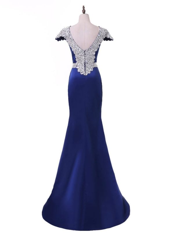 Royal Blue Mermaid Cap Sleeves Crystals Backless Long Evening Dress in Evening Dresses
