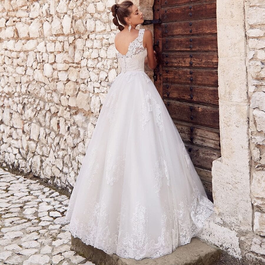 V-neck Cap Sleeve Applique Floor Length Tulle A-line Wedding Dress