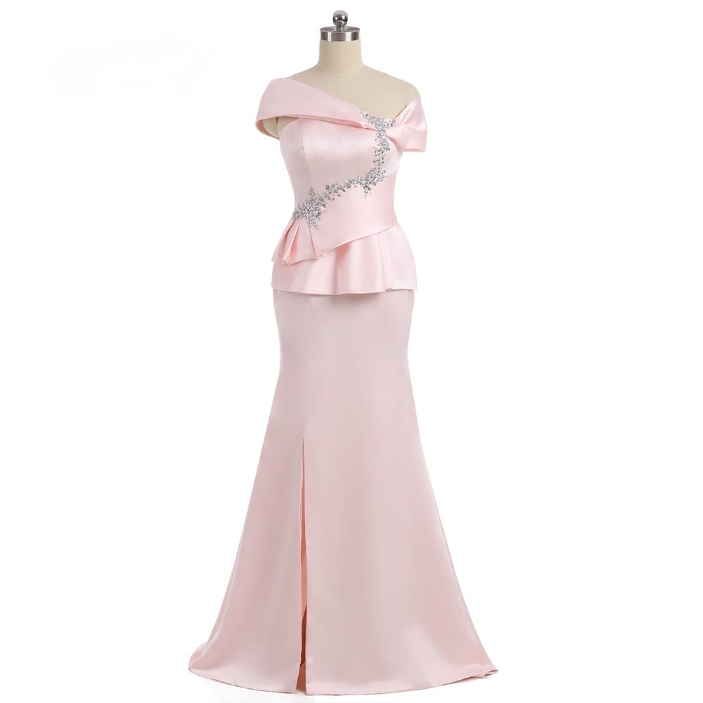 Pink Cap Sleeves Satin Beaded Slit Mermaid Mother Of The Bride Dress