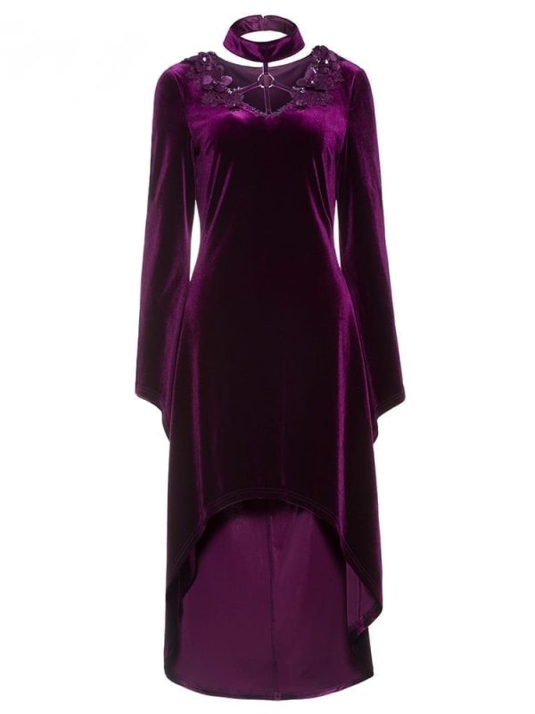 Vintage Velvet Appliques Flare Sleeve Gothic Asymmetrical Dress