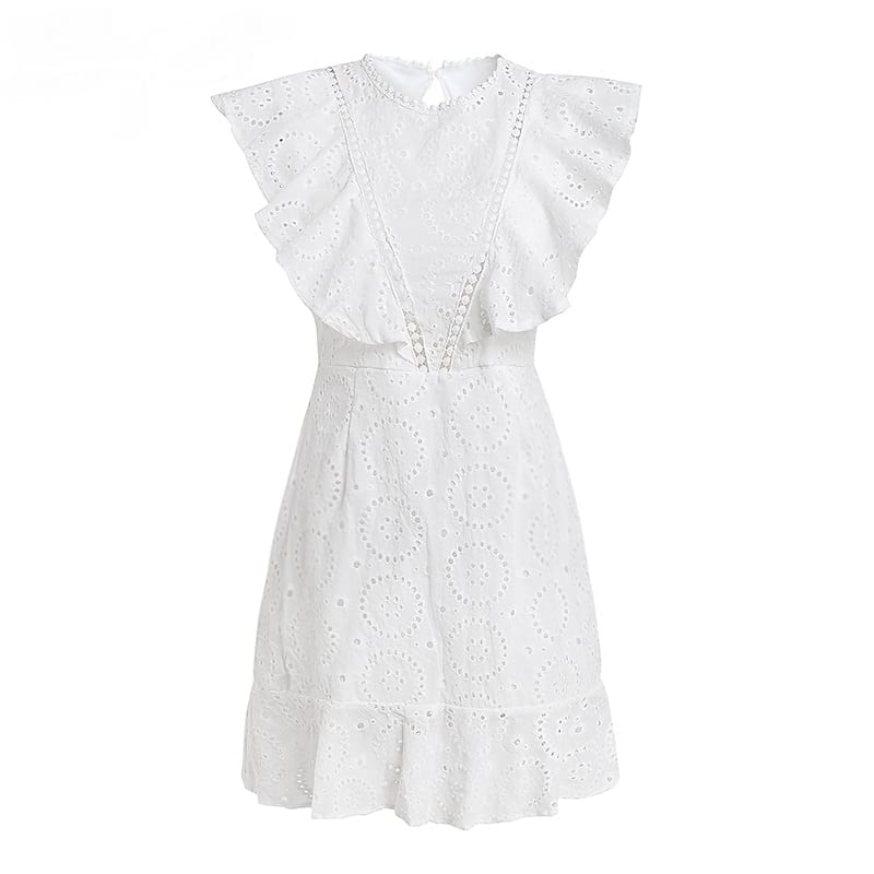 Embroidery Cotton Ruffle Sleeve High Waist White Dress