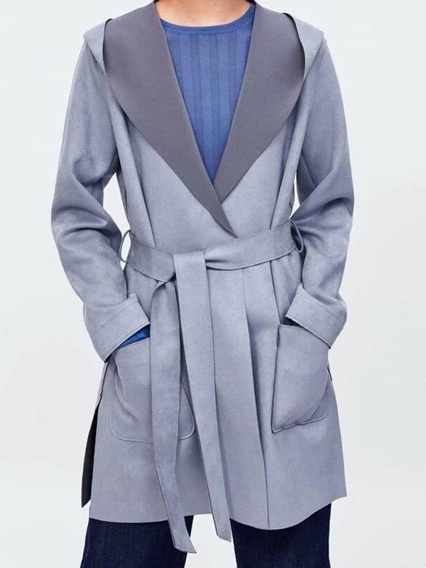 Gray Suede Hooded Side Slit Long Sleeve Coat Jacket