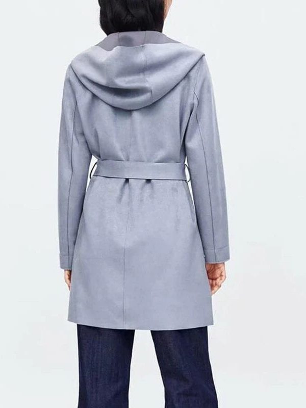 Gray Suede Hooded Side Slit Long Sleeve Coat Jacket