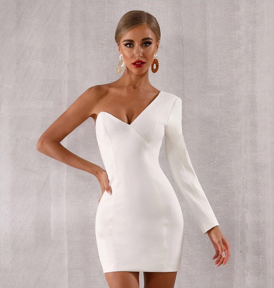 V-Neck One Shoulder White Bodycon Dress – Weddinginspirationsme