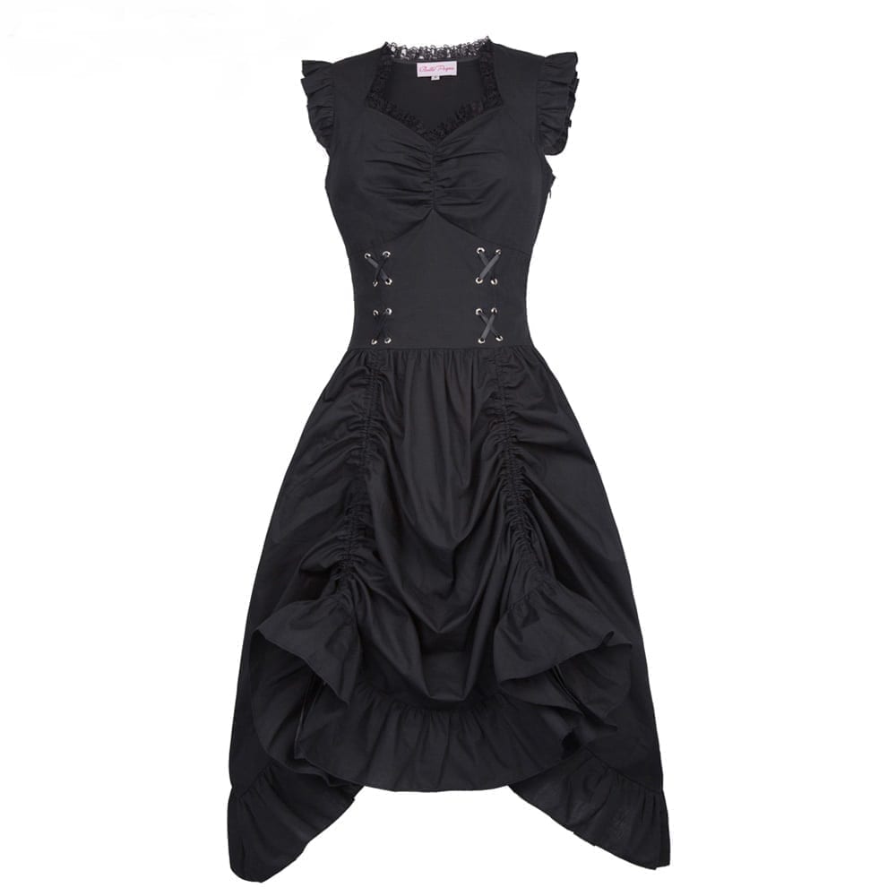 Retro Vintage Black Punk Gothic Sleeveless V-neck Lace-up Corset Ruffle Dress