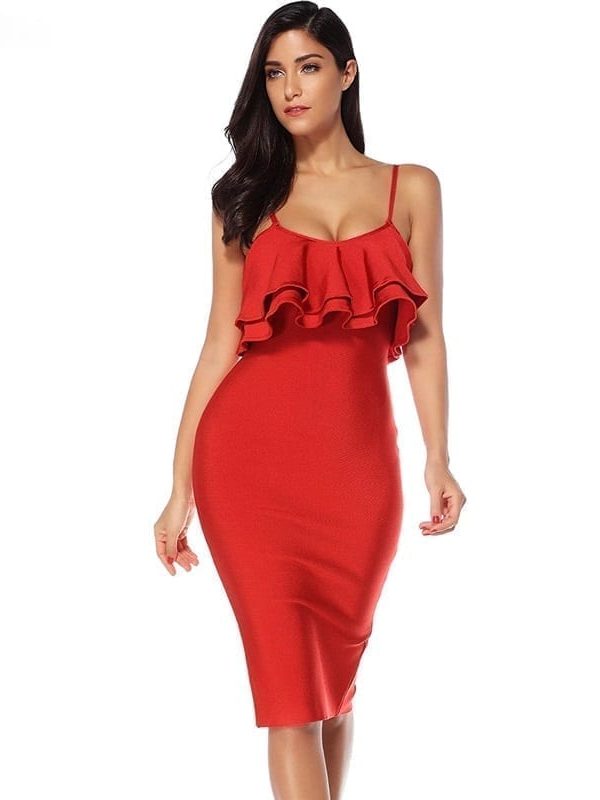 Elegant Ruffles Red Bodycon Midi Dress | Uniqistic.com