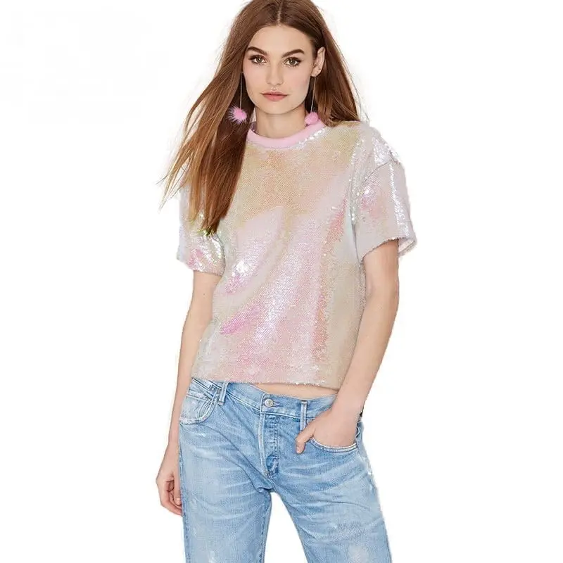 Sequined O-neck Short Sleeve Loose Top T-shirt