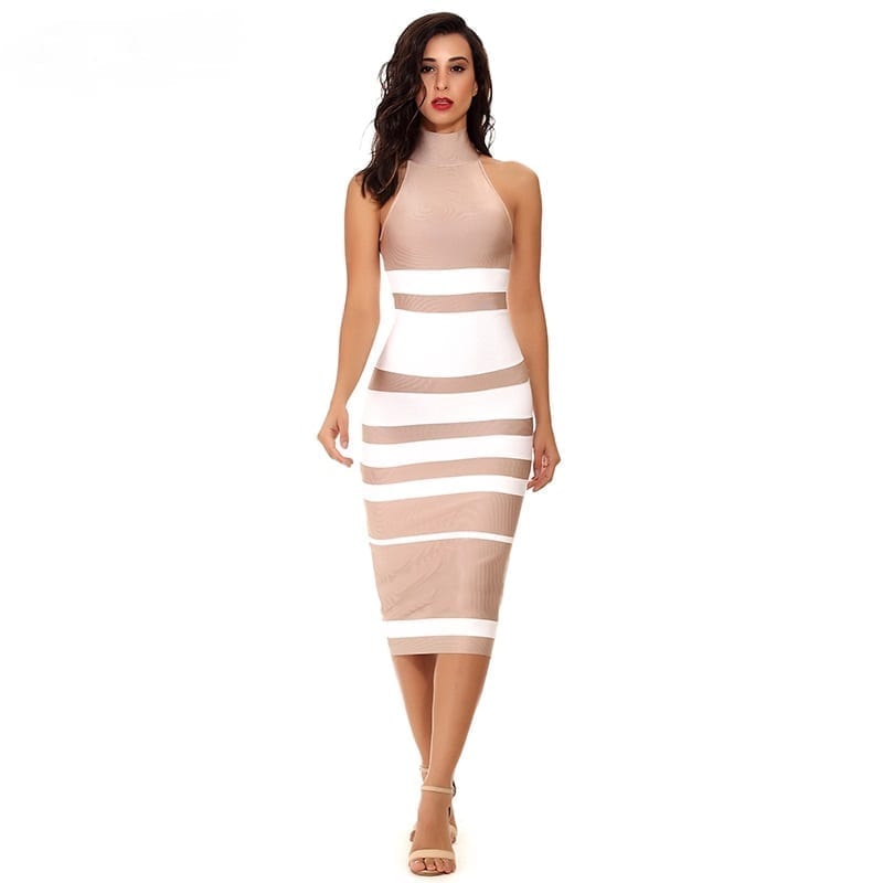 Elegant Nude&white Stripe Bodycon Bandage Dress