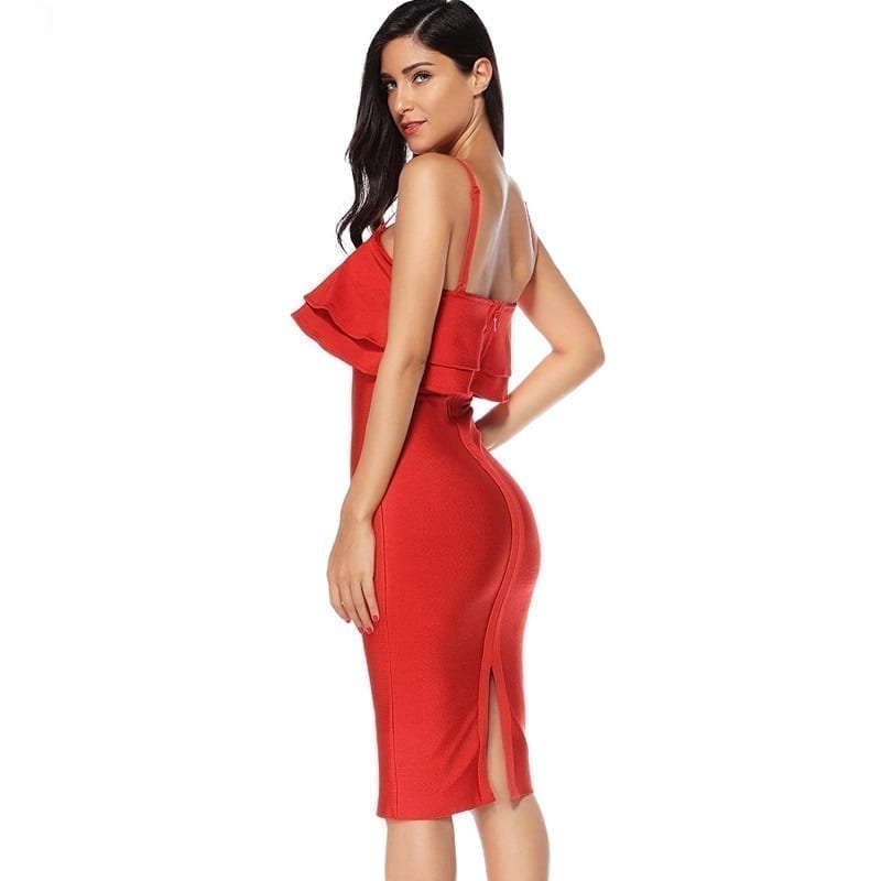 Elegant Ruffles Red Bodycon Midi Dress