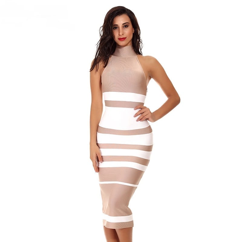 Elegant Nude&White Stripe Bodycon Bandage Dress