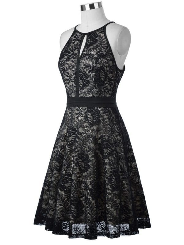 Vintage Black Lace Sleeveless Knee-Length Dress in Dresses