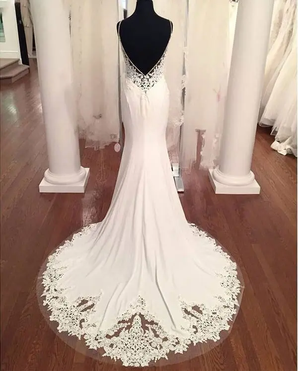 V Neck Lace Appliques Boho Backless Mermaid Wedding Dress