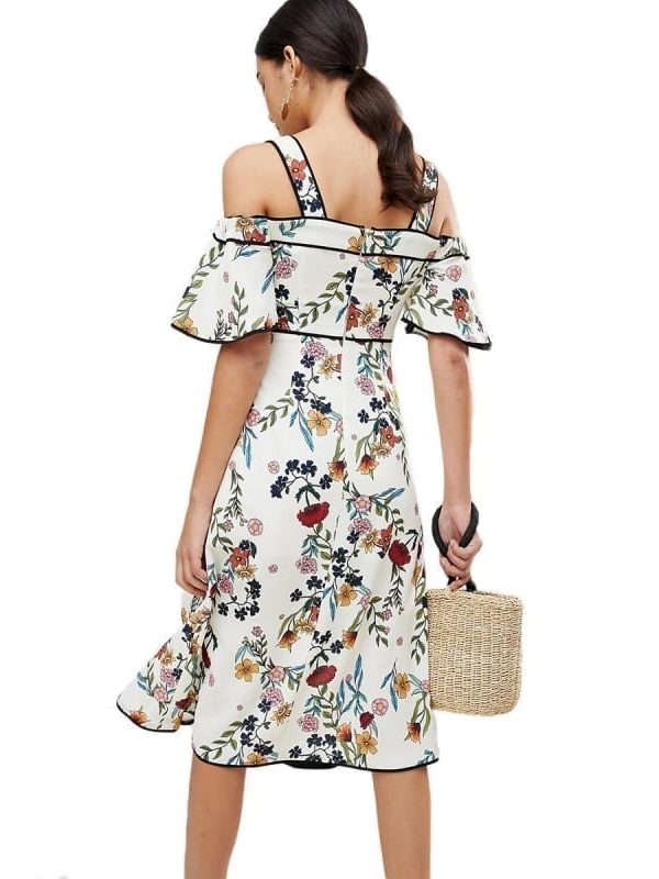 Bohemian Floral Print Cold Shoulder Midi Strap Slash Neck Ruffle Short Sleeve Side Split Wrap Dress