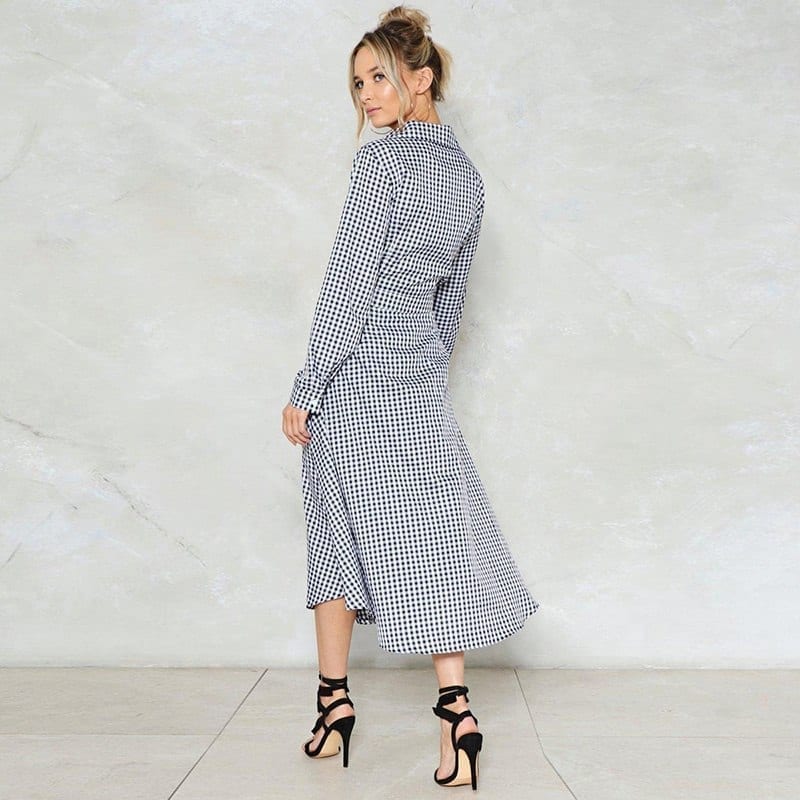 Turn-down Collar Lace-up Sashes Full Sleeve Button Plaid Midi Dress