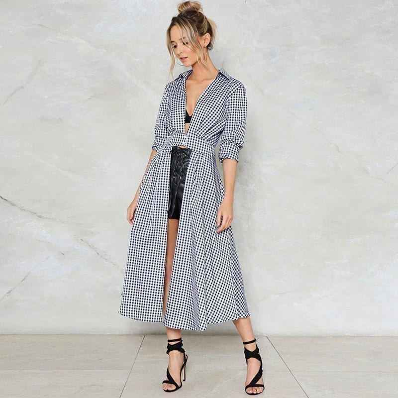 Turn-down Collar Lace-up Sashes Full Sleeve Button Plaid Midi Dress