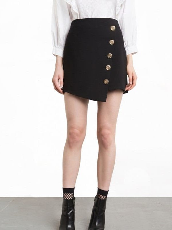 Black High Waist Asymmetrical Button Mini Skirt