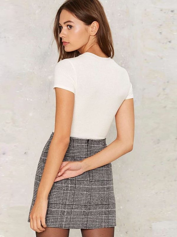 Pencil High Waist Plaid Buttoms Zipper Back Office Mini Skirt