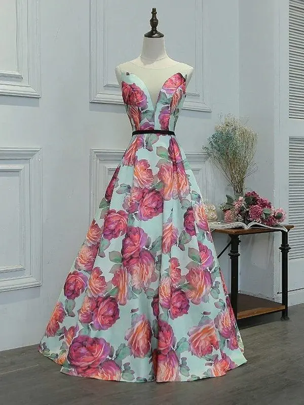 Floral Print Full Length Satin Bridesmaid Dress