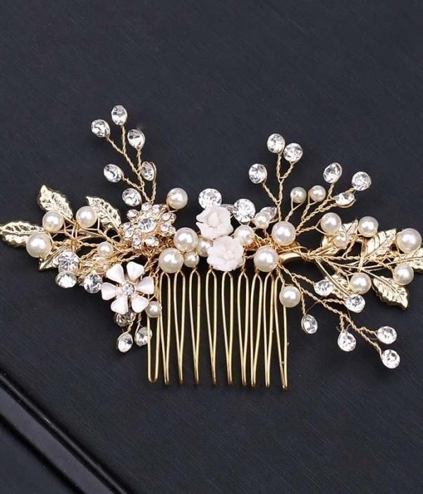 Gold Leaf Flower Pearl Rhinestone Hair Comb Wedding Hair Jewelry