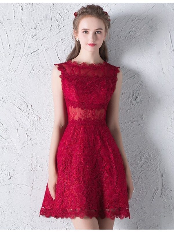 Red Cut Out Lace A Line Prom Evening Dress
