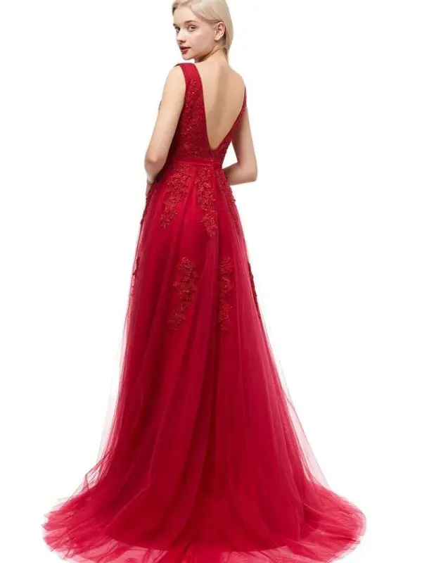 Elegant Wine Red Backless Lace Floor Length Prom Dress