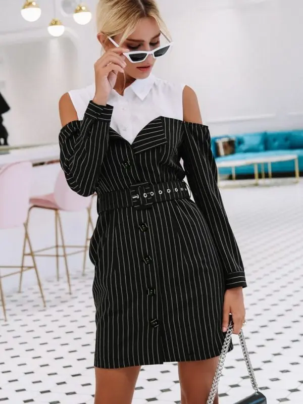 Elegant Stripe Sash Long Sleeve Office Mini Dress