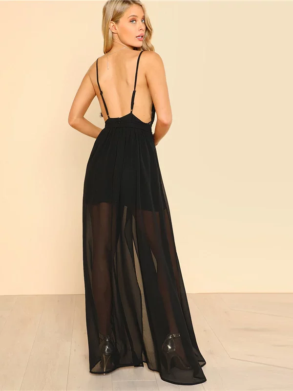Black Backless Lace Plunge V Neck Maxi Dress