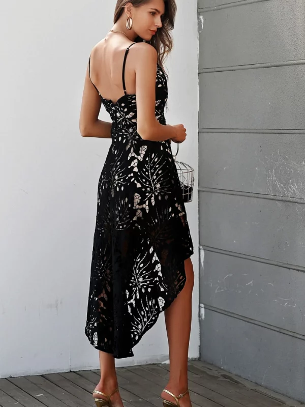 Black V Neck Backless Lace Strap High Waist Asymmetric Dress