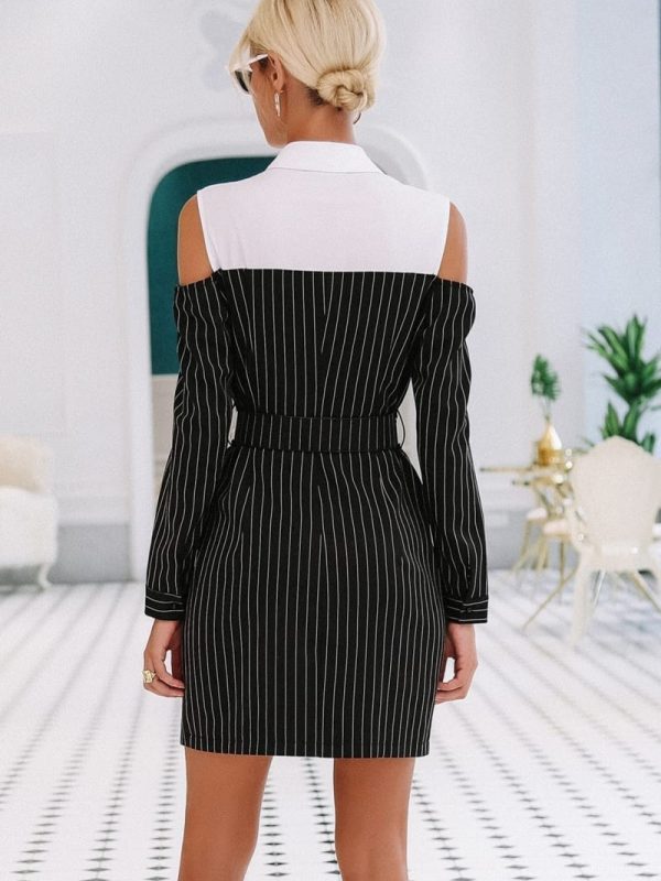 Elegant Stripe Sash Long Sleeve Office Mini Dress in Dresses