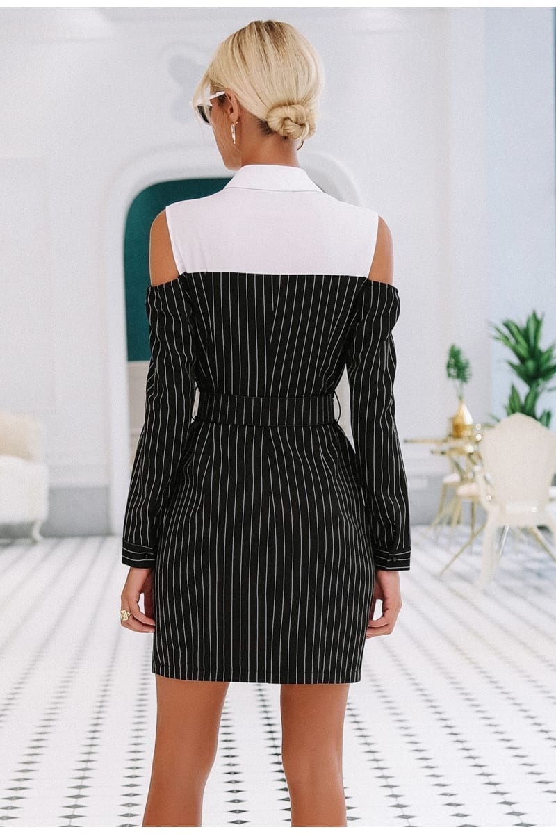 Elegant Stripe Sash Long Sleeve Office Mini Dress
