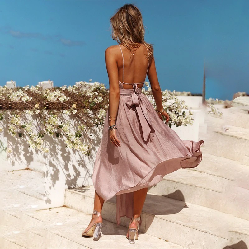 Pink Blue Split Backless Halter Long Maxi Beach Dress