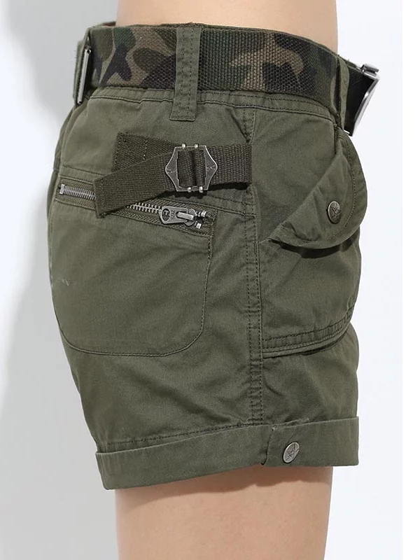 Loose Pockets Zipper Military Army Green Shorts