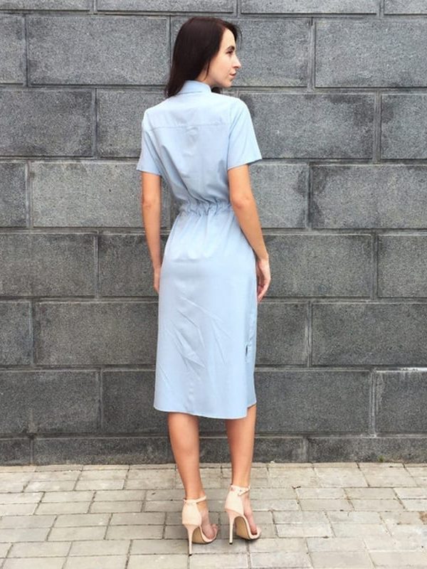 Turn-down Collar Short Sleeve Side Slit Pockets Elastic Waisted Bandage Dress