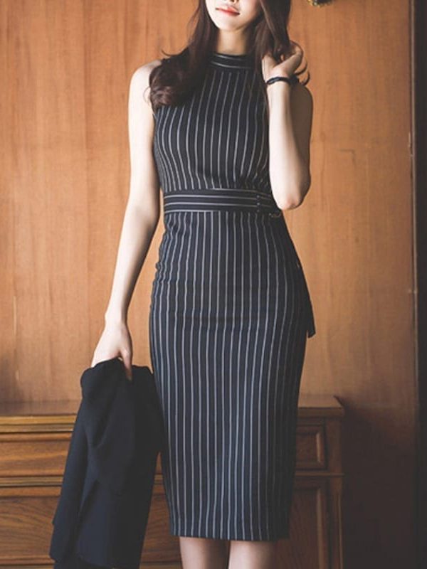 Elegant Striped Sleeveless Office Lady Work Dress