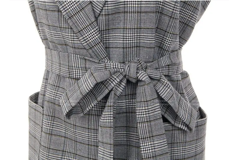 Elegant Gray Bow Sashes Split Sleeve Plaid Office Blazer Jacket